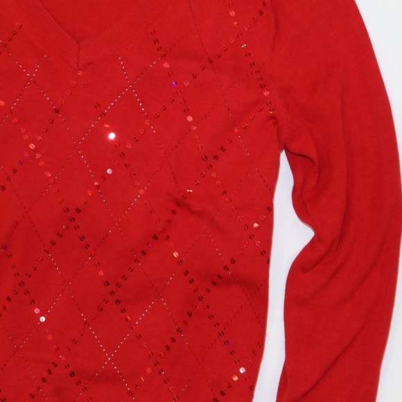 Tommy Hilfiger Sweater Women XL Red Argyle Christmas Valentine V-neck Top READ! - Picture 5 of 8